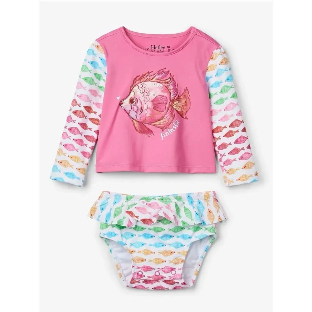 NEW Hatley Watercolour Fishies 3-6 Months Baby 2-piece Rashguard Swimsuit